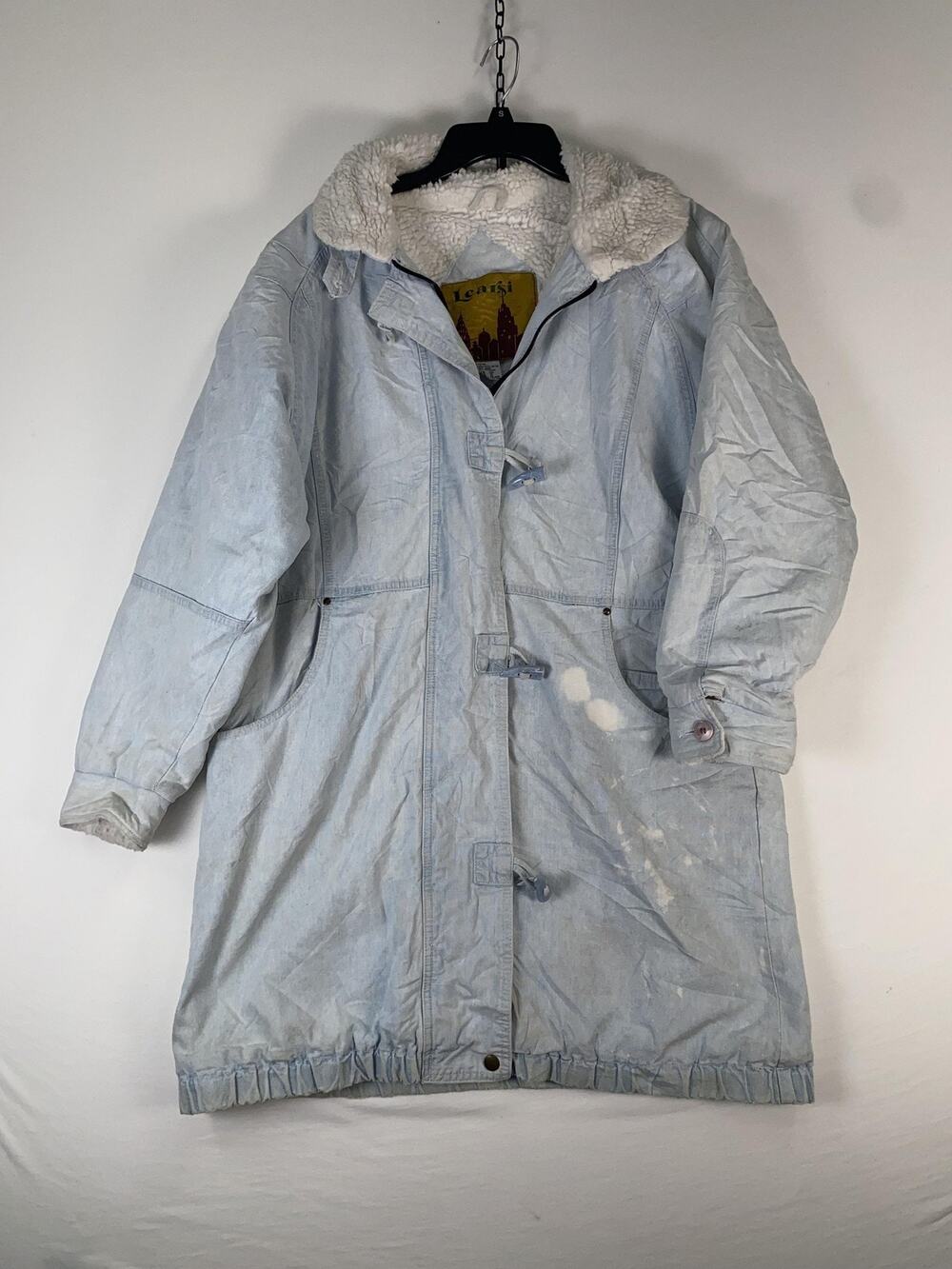 Learsi Coat Womens Medium Blue Denim Parka Sherpa Lined Toggle Vintage